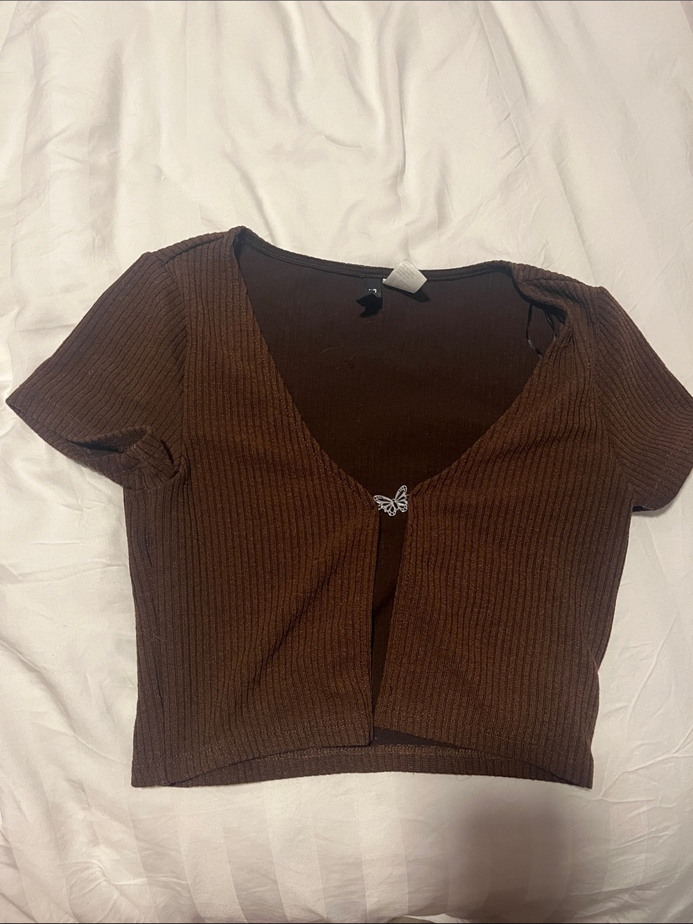 H&M Brown Ribbed Crop Top with Butterfly Clasp